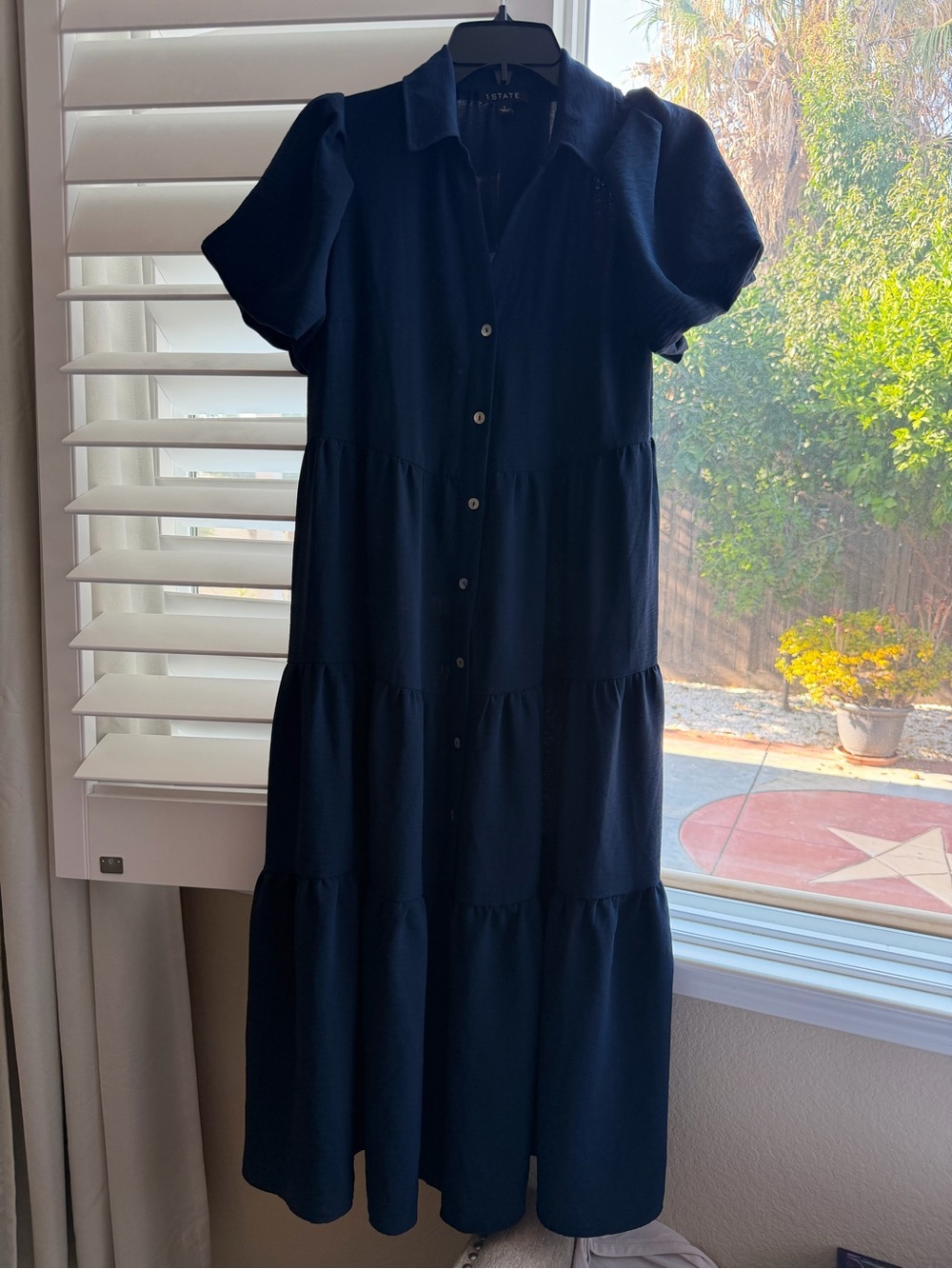 1.STATE Navy Blue Tiered Button Front Puff Sleeve Midi Shirtdress Size L